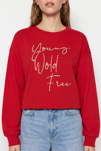 Kadın Taşlı Yazı Detaylı Oversize Üç İplik Sweatshirt 1006 60286478 - Kırmızı SWEATSHİRT modelleri