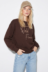 Kadın Taşlı Yazı Detaylı Oversize Üç İplik Sweatshirt 1006 60286478 - Acı Kahve SWEATSHİRT modelleri