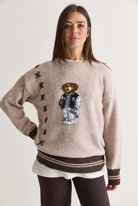 Kadın Teddy Aplikeli Çapraz Nakış Detaylı Bisiklet Yaka Oversize Triko Kazak 5307 60286700 - Bej KAZAK modelleri
