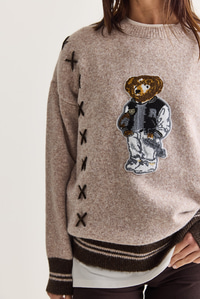 Kadın Teddy Aplikeli Çapraz Nakış Detaylı Bisiklet Yaka Oversize Triko Kazak 5307 60286700 - Bej KAZAK modelleri
