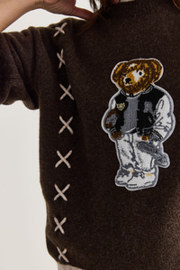Kadın Teddy Aplikeli Çapraz Nakış Detaylı Bisiklet Yaka Oversize Triko Kazak 5307 60286700 - Acı Kahve KAZAK modelleri