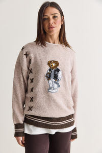 Kadın Teddy Aplikeli Çapraz Nakış Detaylı Bisiklet Yaka Oversize Triko Kazak 5307 60286700 - Bej KAZAK modelleri
