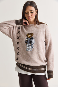 Kadın Teddy Aplikeli Çapraz Nakış Detaylı Bisiklet Yaka Oversize Triko Kazak 5307 60286700 - Bej KAZAK modelleri