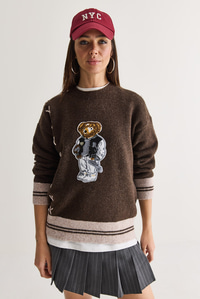 Kadın Teddy Aplikeli Çapraz Nakış Detaylı Bisiklet Yaka Oversize Triko Kazak 5307 60286700 - Acı Kahve KAZAK modelleri