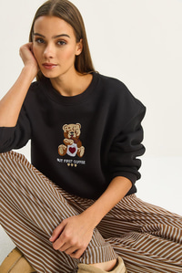 Kadın Teddy Nakış Detaylı Üç İplik Şardonlu Sweatshirt 60601044 - Siyah SWEATSHİRT modelleri