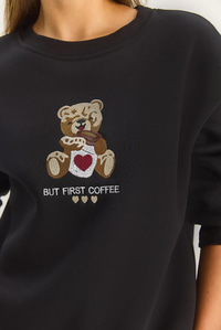Kadın Teddy Nakış Detaylı Üç İplik Şardonlu Sweatshirt 60601044 - Siyah SWEATSHİRT modelleri
