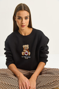 Kadın Teddy Nakış Detaylı Üç İplik Şardonlu Sweatshirt 60601044 - Siyah SWEATSHİRT modelleri