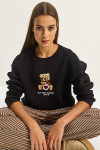 Kadın Teddy Nakış Detaylı Üç İplik Şardonlu Sweatshirt 60601044 - Siyah SWEATSHİRT modelleri