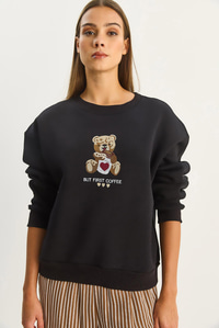 Kadın Teddy Nakış Detaylı Üç İplik Şardonlu Sweatshirt 60601044 - Siyah SWEATSHİRT modelleri