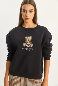 Kadın Teddy Nakış Detaylı Üç İplik Şardonlu Sweatshirt 60601044 - Siyah SWEATSHİRT modelleri