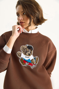 Kadın Teddy Nakış İşlemeli Bisiklet Yaka Salaş Sweatshirt 6864 60283522 - Kahverengi SWEATSHİRT modelleri