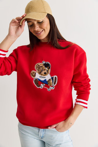 Kadın Teddy Nakış İşlemeli Bisiklet Yaka Salaş Sweatshirt 6864 60283522 - Kırmızı SWEATSHİRT modelleri