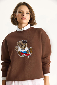 Kadın Teddy Nakış İşlemeli Bisiklet Yaka Salaş Sweatshirt 6864 60283522 - Kahverengi SWEATSHİRT modelleri