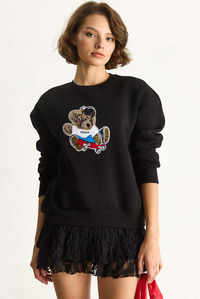 Kadın Teddy Nakış İşlemeli Bisiklet Yaka Salaş Sweatshirt 6864 60283522 - Siyah SWEATSHİRT modelleri