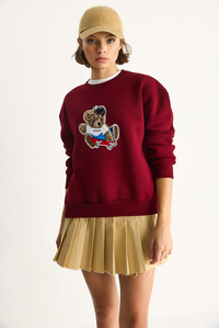 Kadın Teddy Nakış İşlemeli Bisiklet Yaka Salaş Sweatshirt 6864 60283522 - Bordo SWEATSHİRT modelleri