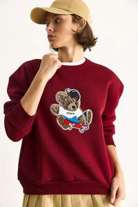 Kadın Teddy Nakış İşlemeli Bisiklet Yaka Salaş Sweatshirt 6864 60283522 - Bordo SWEATSHİRT modelleri