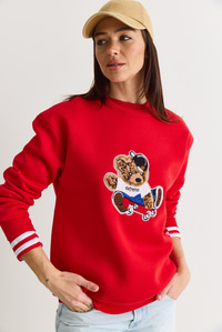 Kadın Teddy Nakış İşlemeli Bisiklet Yaka Salaş Sweatshirt 6864 60283522 - Kırmızı SWEATSHİRT modelleri