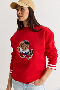 Kadın Teddy Nakış İşlemeli Bisiklet Yaka Salaş Sweatshirt 6864 60283522 - Kırmızı SWEATSHİRT modelleri
