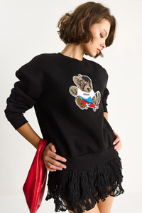Kadın Teddy Nakış İşlemeli Bisiklet Yaka Salaş Sweatshirt 6864 60283522 - Siyah SWEATSHİRT modelleri