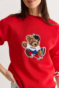 Kadın Teddy Nakış İşlemeli Bisiklet Yaka Salaş Sweatshirt 6864 60283522 - Kırmızı SWEATSHİRT modelleri