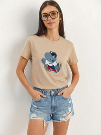 Kadın Teddy Nakışlı İşlemeli Bisiklet Yaka Basic T-Shirt 7533 60283952 - Bej T-SHİRT modelleri