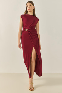 Kadın Toka Detaylı Büzgülü Yırtmaçlı Saran Candy Elbise 60283247 - Bordo