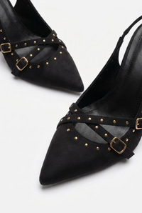 Kadın Troklu Çapraz Bant Detaylı Sivri Burun Topuklu Slingback Ayakkabı 50021011 - Siyah AYAKKABI modelleri
