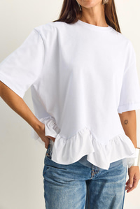 Kadın Tül Detaylı Volanlı Oversize Basic T-Shirt 8789 60286165 - Beyaz T-SHİRT modelleri