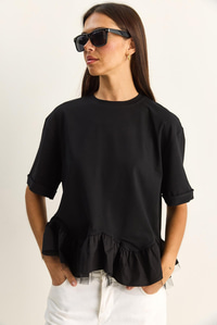 Kadın Tül Detaylı Volanlı Oversize Basic T-Shirt 8789 60286165 - Siyah T-SHİRT modelleri