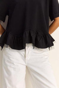 Kadın Tül Detaylı Volanlı Oversize Basic T-Shirt 8789 60286165 - Siyah T-SHİRT modelleri