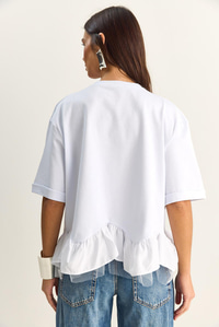 Kadın Tül Detaylı Volanlı Oversize Basic T-Shirt 8789 60286165 - Beyaz T-SHİRT modelleri