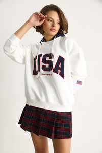 Kadın USA İşlemeli Şardonlu Kapüşonlu Salaş Sweatshirt 10010 60283527 - Beyaz SWEATSHİRT modelleri