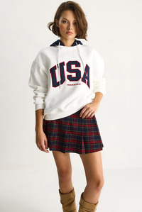 Kadın USA İşlemeli Şardonlu Kapüşonlu Salaş Sweatshirt 10010 60283527 - Beyaz SWEATSHİRT modelleri
