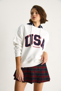 Kadın USA İşlemeli Şardonlu Kapüşonlu Salaş Sweatshirt 10010 60283527 - Beyaz SWEATSHİRT modelleri