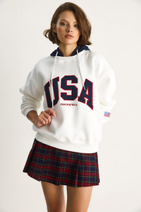 Kadın USA İşlemeli Şardonlu Kapüşonlu Salaş Sweatshirt 10010 60283527 - Beyaz SWEATSHİRT modelleri