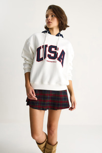 Kadın USA İşlemeli Şardonlu Kapüşonlu Salaş Sweatshirt 10010 60283527 - Beyaz SWEATSHİRT modelleri