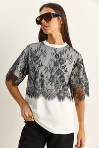Kadın Üstü Dantel Detaylı Oversize Basic T-Shirt 1092 60286104 - Beyaz-Siyah T-SHİRT modelleri