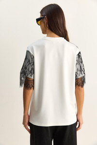 Kadın Üstü Dantel Detaylı Oversize Basic T-Shirt 1092 60286104 - Beyaz-Siyah T-SHİRT modelleri