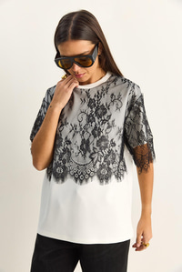 Kadın Üstü Dantel Detaylı Oversize Basic T-Shirt 1092 60286104 - Beyaz-Siyah T-SHİRT modelleri