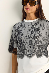 Kadın Üstü Dantel Detaylı Oversize Basic T-Shirt 1092 60286104 - Beyaz-Siyah T-SHİRT modelleri