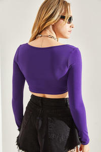 Kadın Uzun Kol Kare Yaka Crop Bluz 60251250 - Mor BLUZ modelleri