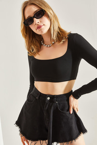 Kadın Uzun Kol Kare Yaka Crop Bluz 60251250 - Siyah BLUZ modelleri