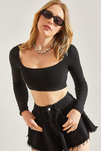 Kadın Uzun Kol Kare Yaka Crop Bluz 60251250 - Siyah BLUZ modelleri