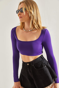 Kadın Uzun Kol Kare Yaka Crop Bluz 60251250 - Mor BLUZ modelleri