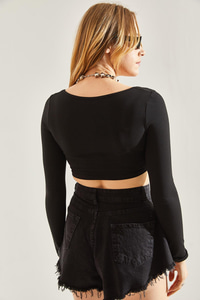 Kadın Uzun Kol Kare Yaka Crop Bluz 60251250 - Siyah BLUZ modelleri