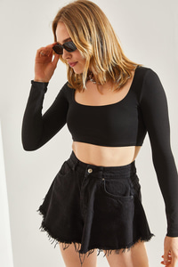 Kadın Uzun Kol Kare Yaka Crop Bluz 60251250 - Siyah BLUZ modelleri