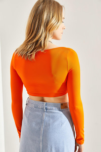 Kadın Uzun Kol Kare Yaka Crop Bluz 60251250 - turuncu BLUZ modelleri