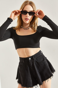 Kadın Uzun Kol Kare Yaka Crop Bluz 60251250 - Siyah BLUZ modelleri