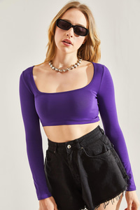 Kadın Uzun Kol Kare Yaka Crop Bluz 60251250 - Mor BLUZ modelleri
