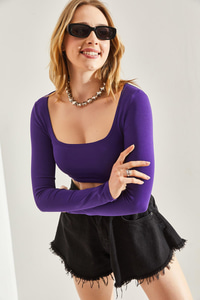 Kadın Uzun Kol Kare Yaka Crop Bluz 60251250 - Mor BLUZ modelleri